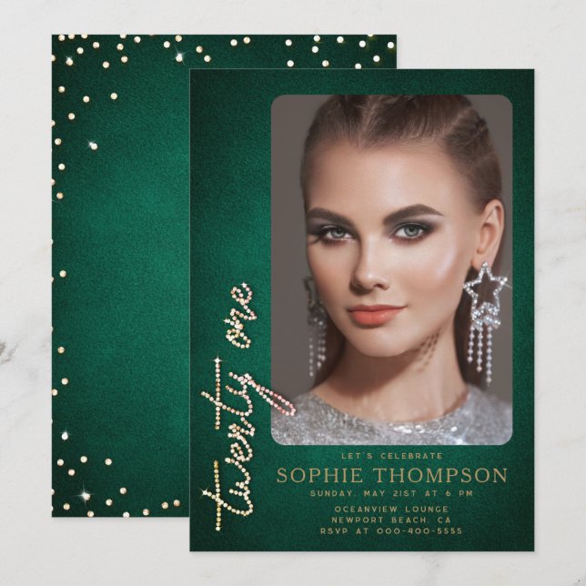 Invitation Glam Rhinestones Emerald Green Photo du 21e annive (Devant / Derrière)