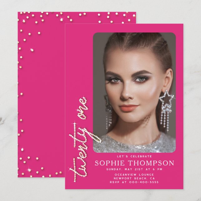Invitation Glam Rhinestones Hot Pink Chic 21e anniversaire Ph (Devant / Derrière)
