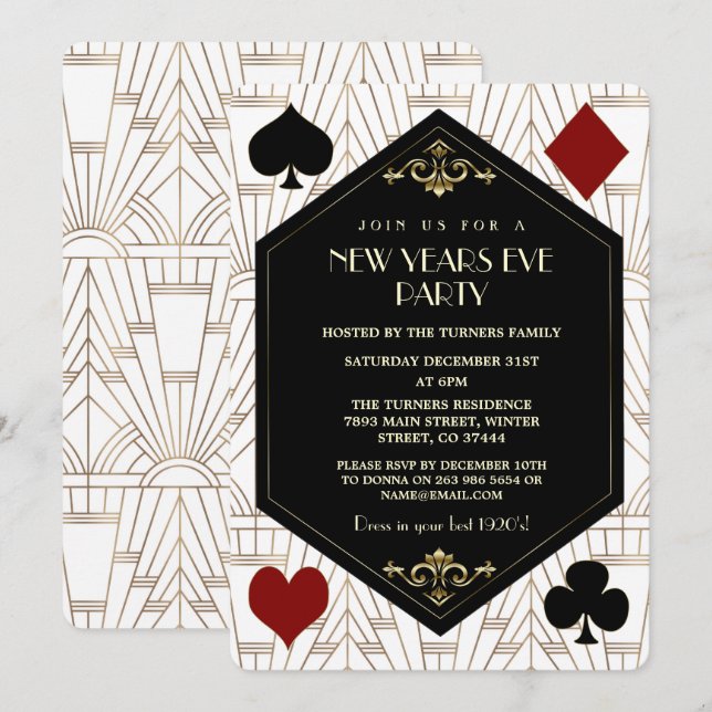 Invitation Glam Roaring 1920s Casino Gambling New Year Party (Devant / Derrière)