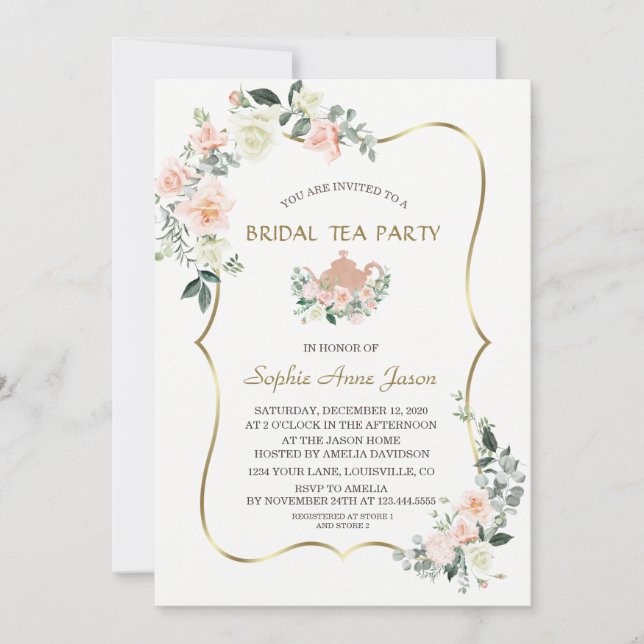 Invitation Glam Rose Blanc Floral Gold Frame Tea Party (Devant)