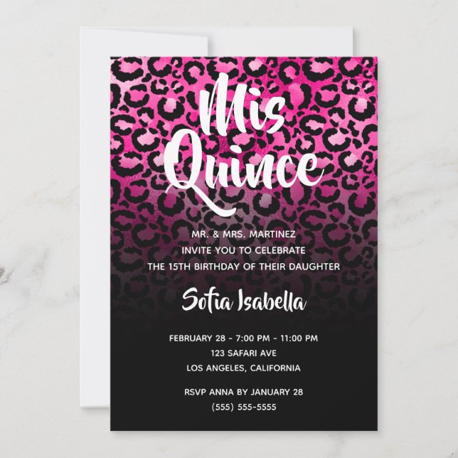 Invitation Glam Rose Chaud Leopard Spots Ombre Noir Mis Quinc (Devant)