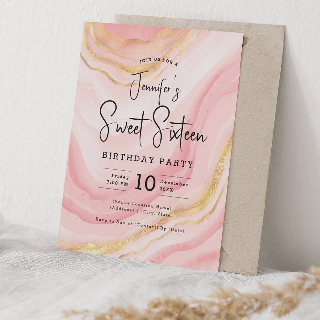 Invitation Glam Rose Gold Blush Marbre Parties scintillant Sw (Glam Rose Gold Blush Marble Glitter Sweet 16 Party Invitation)
