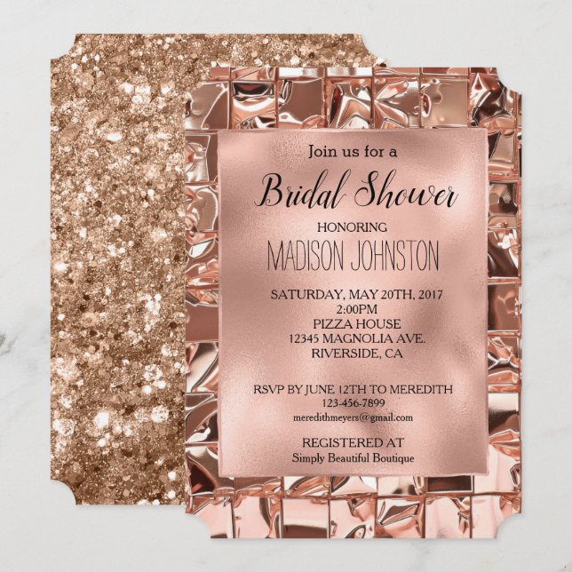 Invitation Glam Rose Gold Carrés Bridal Shower à paillettes (Devant / Derrière)