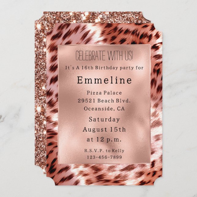 Invitation Glam Rose Gold Fur Leopard (Devant / Derrière)