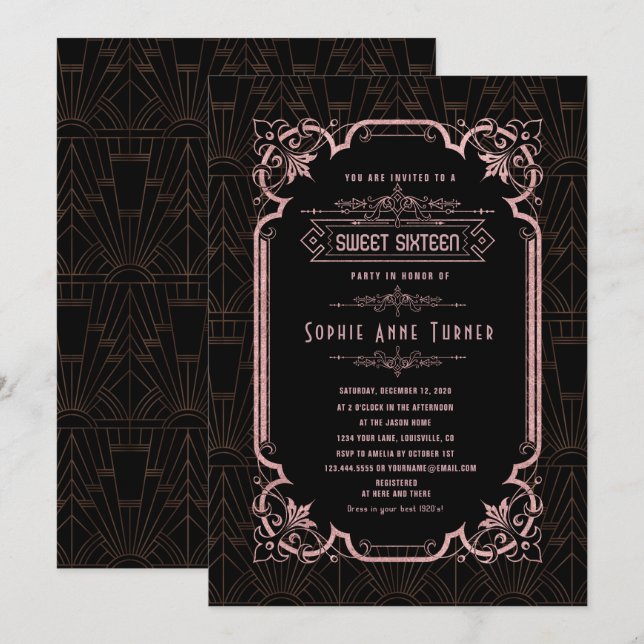 Invitation Glam Rose Gold Great Gatsby Sweet sixteen (Devant / Derrière)
