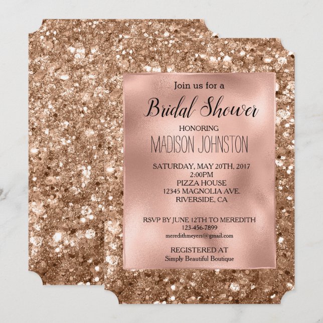 Invitation Glam Rose Gold Pailleté Chunky Shower de Mariage (Devant / Derrière)