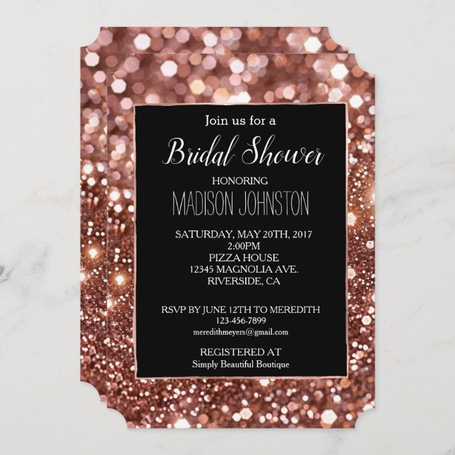 Invitation Glam Rose Gold Pailleté Noir  (Devant / Derrière)