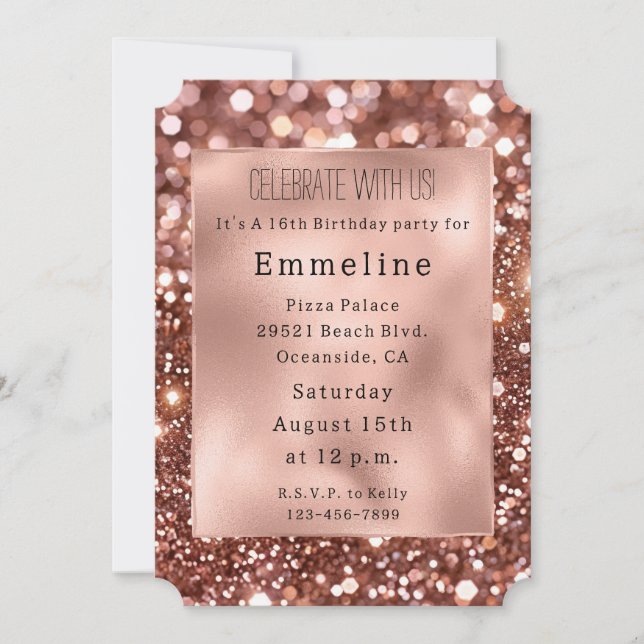 Invitation Glam Rose Gold Parties scintillant 16e anniversair (Devant)