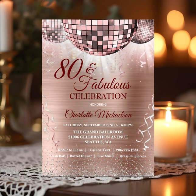 Invitation Glam rose Gold Parties scintillant 80e anniversair (Rose Gold Glitter Glam 80th Birthday Disco Ball Invitation)