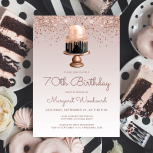 Invitation Glam Rose Gold Parties scintillant gâteau 70e fête
