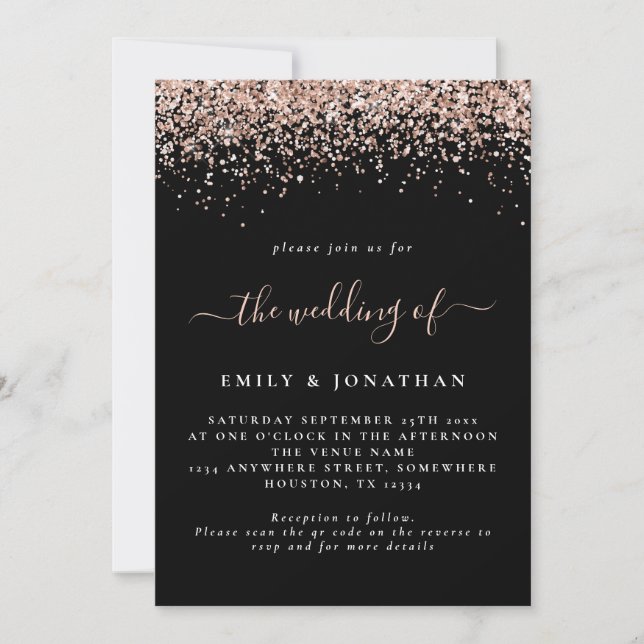Invitation Glam Rose Gold Parties scintillant QR Code Mariage (Devant)