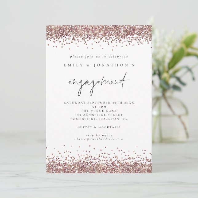 Invitation Glam Rose Gold Parties scintillant Script Engageme (Debout devant)