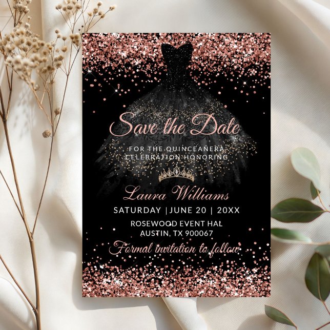 Invitation Glam Rose Gold Princess Quinceañera Save the Date (Rose Gold and Black Dress princess Quinceanera Save the date Invitation)