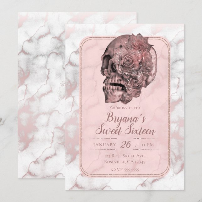 Invitation Glam Rose Gold Rose Skull Marbre Douze Ans (Devant / Derrière)