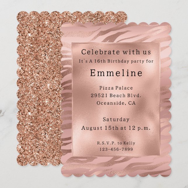 Invitation Glam Rose Gold Zebra (Devant / Derrière)