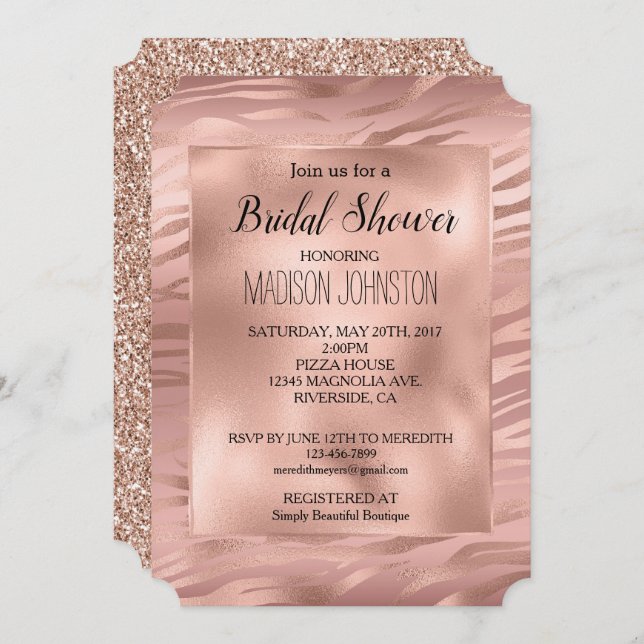Invitation Glam Rose Gold Zèbre Pailleté (Devant / Derrière)