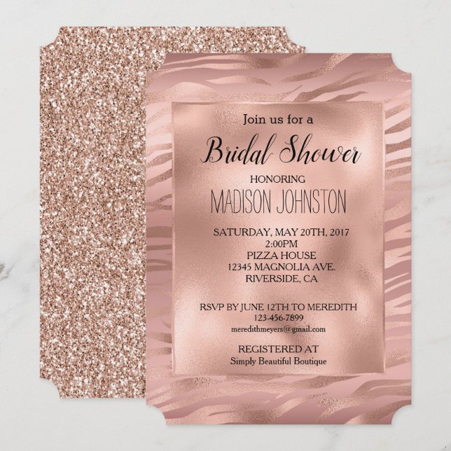 Invitation Glam Rose Gold Zèbre Pailleur (Devant / Derrière)