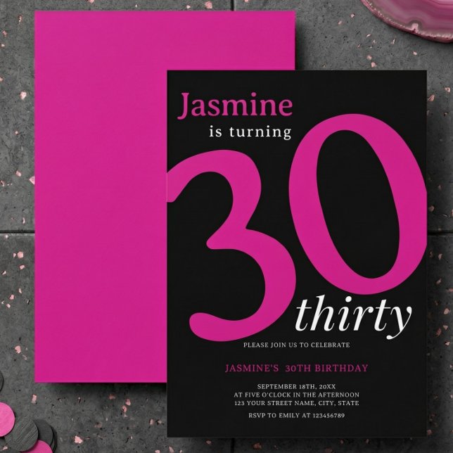 Invitation Glam Rose Noir Chic 30 ans Fête d'anniversaire  (Créateur téléchargé)