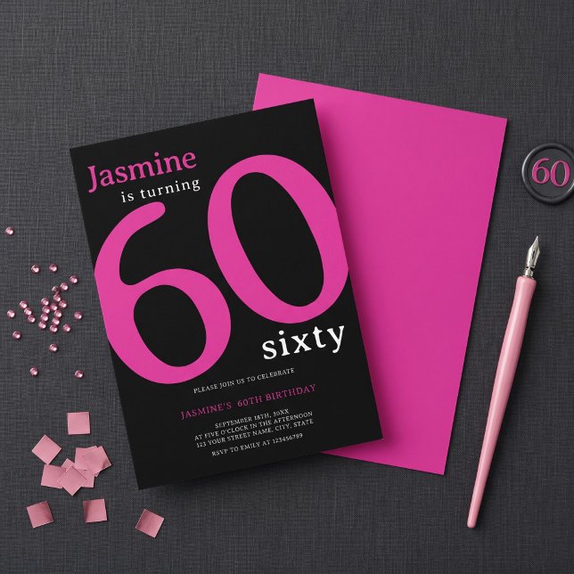 Invitation Glam Rose Noir Chic 60 Ans Anniversaire  (Créateur téléchargé)
