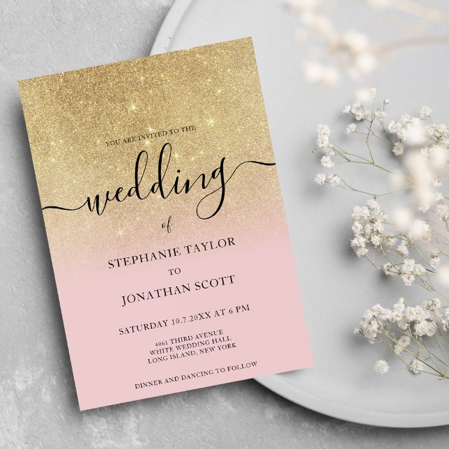 Invitation Glam rose or parties scintillant noir script ombre (Glam pink gold glitter black script ombre wedding)
