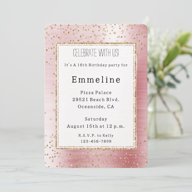 Invitation Glam rose pâle or étincelle Confetti Anniversaire (Debout devant)