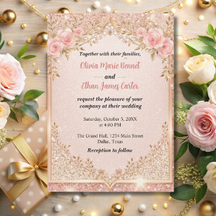 Invitation glam rose vif Parties scintillant or mariage flora