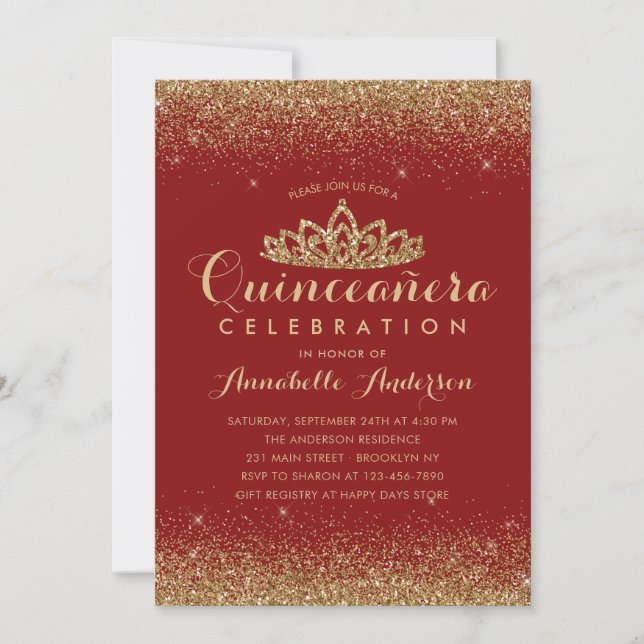 Invitation Glam Rouge Bourgogne Quinceañera Gold Tiara Partie (Devant)
