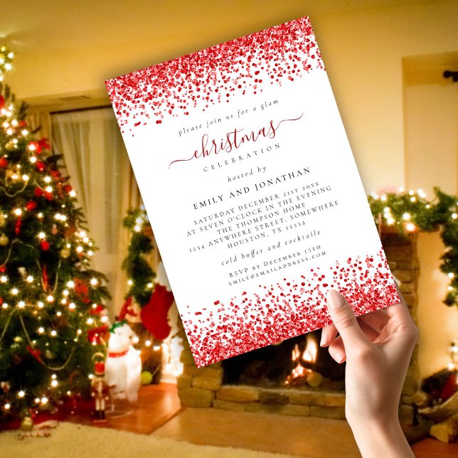 Invitation Glam rouge classique Parties scintillant Noël blan (Créateur téléchargé)