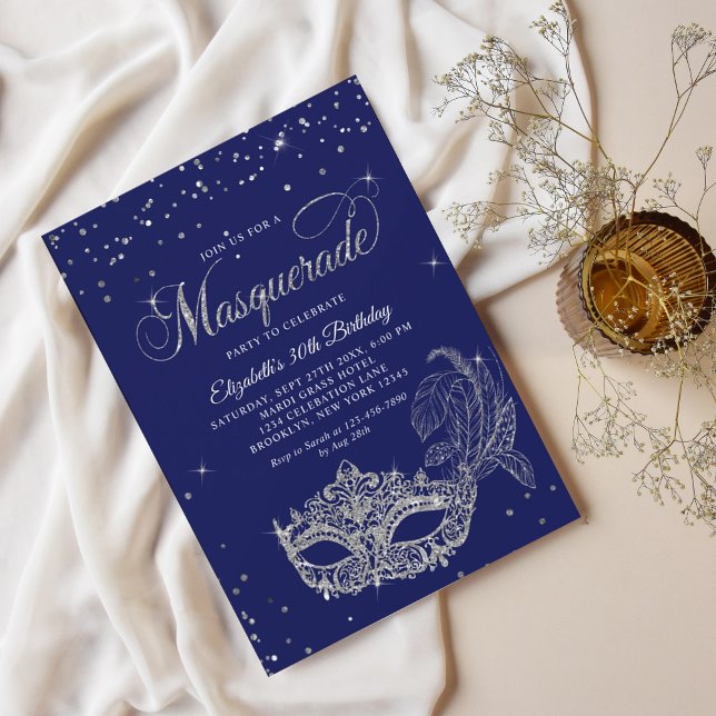 Invitation Glam Royal Bleu Parties scintillant argent Masquer (Créateur téléchargé)