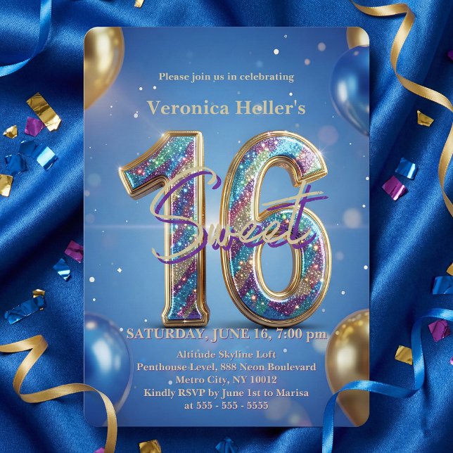 Invitation Glam Royal Blue Gold Balloons Sweet 16 Birthday (Créateur téléchargé)