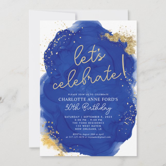 Invitation Glam Royal Blue Gold Parties scintillant Encre d'a (Devant)