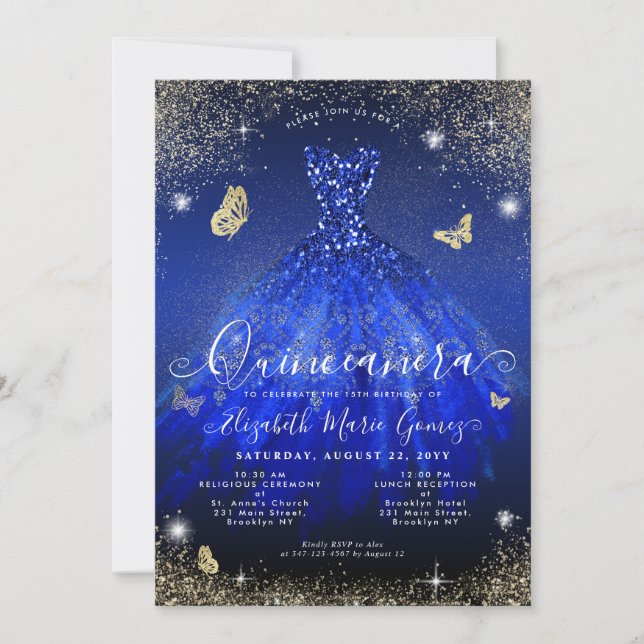 Invitation Glam Royal Blue Gold Parties scintillant Gown Quin (Devant)