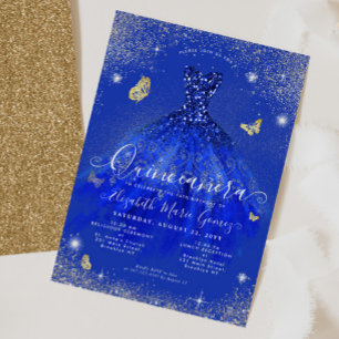 Invitation Glam Royal Blue Gold Parties scintillant Gown Quin