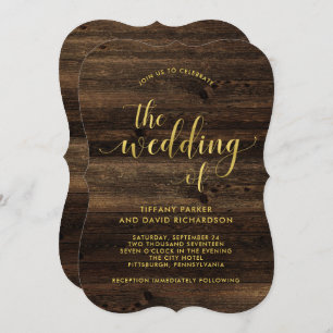 Invitation Glam rustique Mariage d'apparence Gold Wood et Fa