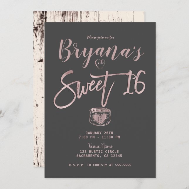 Invitation Glam Rustique Rose or rose gris doux 16 Partie (Devant / Derrière)