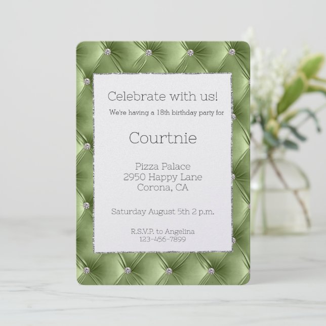 Invitation Glam Sage Green Argent Faux Velvet Anniversaire (Debout devant)