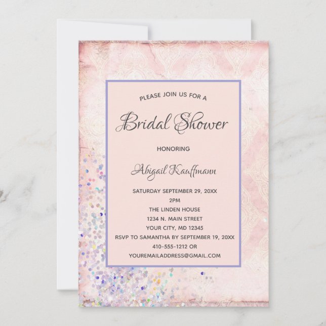 Invitation Glam Shabby Chic rose blanc pourpre éclaboussures  (Devant)