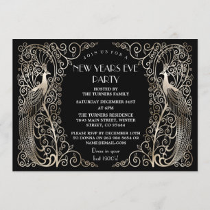 Invitation Glam Silver Art Déco Peacocks Nouvel An Réveillon