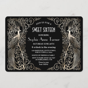 Invitation Glam Silver Art Déco Peacocks Sweet sixteen Party