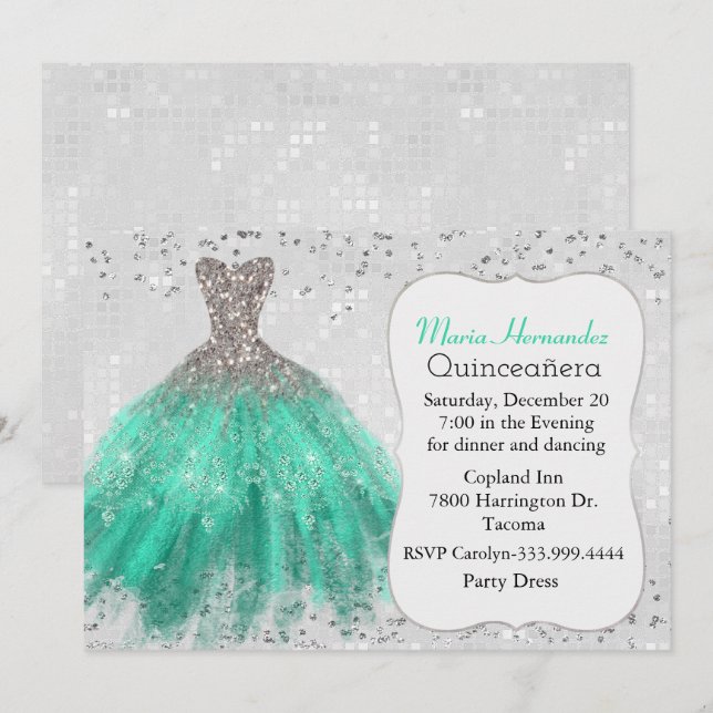 Invitation Glam Silver et Turquoise Gown Quinceañera Invitati (Devant / Derrière)