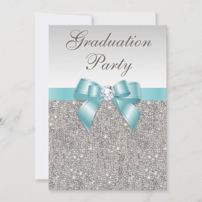 Invitation Glam Silver Jewels Turquoise Bow Girls Graduation (Devant)