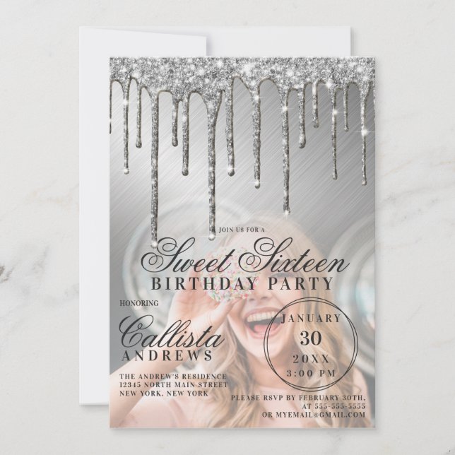 Invitation Glam Silver Parties scintillant métallique Drips P (Devant)