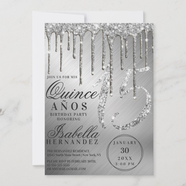 Invitation Glam Silver Parties scintillant métalliques Quince (Devant)