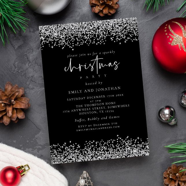 Invitation Glam Silver Parties scintillant Noël Noir (Available digitally and printed)