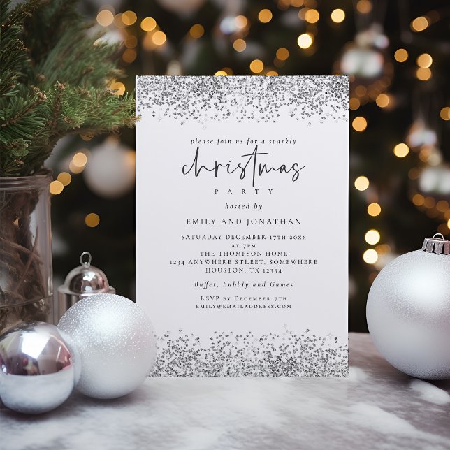 Invitation Glam Silver Parties scintillant Noël Noir Blanc (Available digitally and printed)