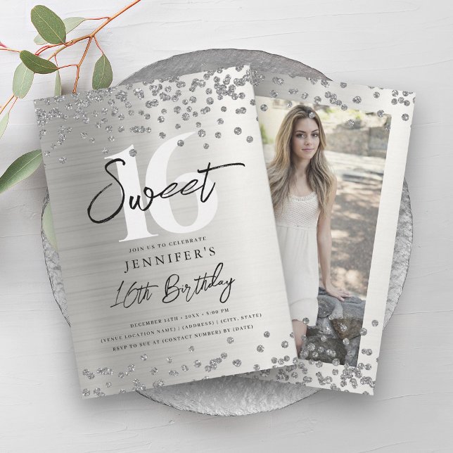 Invitation Glam Silver Parties scintillant Photo Sweet 16 Par (Glam Silver Glitter Photo Sweet 16 Party Invitation)