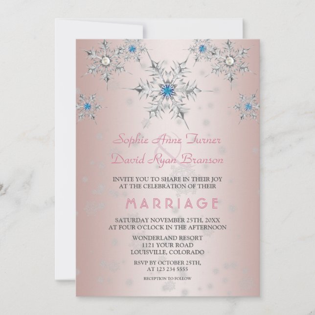 Invitation Glam Silver Snowflakes Crystals Blue Pearl Mariage (Devant)