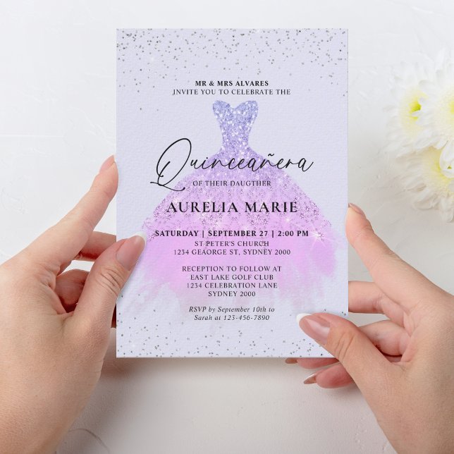 Invitation Glam Sparkle Gold Lilac Princesse Robe Quinceanera (Créateur téléchargé)
