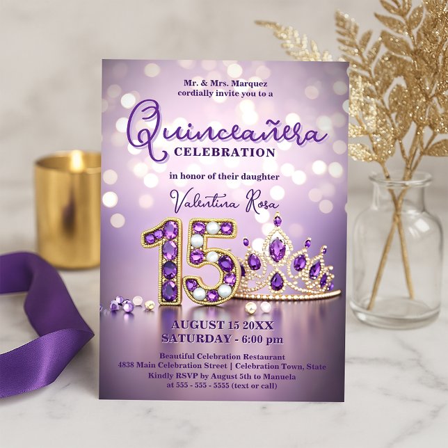 Invitation Glam Sparkling rose violet Tiara Quinceañera (Créateur téléchargé)