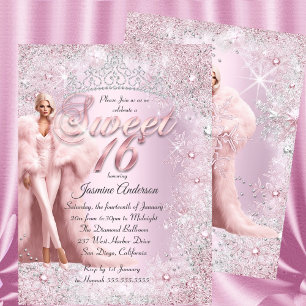 Invitation Glam Sweet 16 Pink Silver Winter Wonderland Tiara